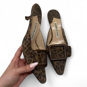 Manolo Blahnik Maysale Brown Leopard Print Suede and Leather Kitten Heel Mules